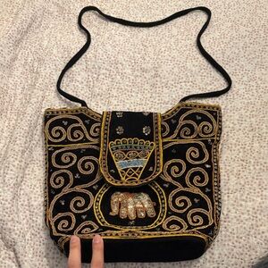 Embroidered Artisan Elephant Black and Gold Bag